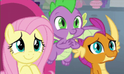 Size: 656x390 | Tagged: safe, screencap, fluttershy, smolder, spike, dragon, pony, g4, season 9, sweet and smoky, animated, cute, dragoness, eye shimmer, female, flying, pleading, shyabetes, smiling, smolderbetes, spikabetes, sweet dreams fuel, trio, weapons-grade cute, winged spike, wings