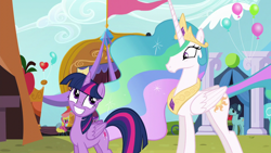 Size: 1280x720 | Tagged: safe, screencap, amethyst star, cherry berry, lonely hearts, princess celestia, sparkler, twilight sparkle, alicorn, pony, g4, party pooped, face, female, grin, hoers, mare, paul mccartney, ponified, smiling, twilight sparkle (alicorn)