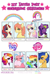 Size: 2592x3670 | Tagged: safe, artist:pandemiamichi, cotton candy (g3), dainty dove (g2), flash sentry, moondancer (g1), posey, prince firefly, rainbow dash, sunny daze (g3), earth pony, pegasus, pony, unicorn, g1, g2, g3, g4, bandaid, bandaid on nose, bow, cotton candy, cute, cute little fangs, eyeshadow, fangs, freckles, generation challenge, generation leap, high res, makeup, six fanarts