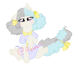 Size: 2358x2120 | Tagged: safe, artist:ponyrasmeii, oc, oc only, oc:sippy cup, earth pony, pony, bow, clothes, crossdressing, curly mane, dress, earth pony oc, hair bow, high res, magical lesbian spawn, male, nextgen:rasmeiiverse, offspring, parent:octavia melody, parent:vinyl scratch, parents:scratchtavia, simple background, solo, stallion, white background