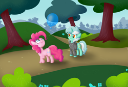 Size: 5885x4032 | Tagged: safe, artist:background basset, lyra heartstrings, pinkie pie, earth pony, pony, unicorn, fanfic:background pony, g4, balloon, clothes, dig the swell hoodie, duo, duo female, female, hoodie