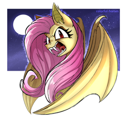 Size: 2500x2295 | Tagged: safe, artist:syrupyyy, fluttershy, bat pony, pony, g4, bat ponified, fangs, female, flutterbat, high res, mare, moon, night, open mouth, race swap, solo, stars