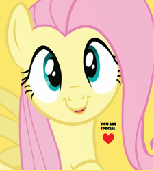 Size: 722x804 | Tagged: safe, derpibooru exclusive, edit, edited screencap, editor:twilyisbestpone, screencap, fluttershy, pegasus, pony, g4, c:, cute, female, heart, looking at you, mare, open mouth, positive ponies, shyabetes, simple background, smiling, solo, talking to viewer, yellow background