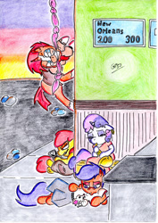 Size: 1024x1447 | Tagged: safe, artist:gafelpoez, apple bloom, scootaloo, sunburst, sweetie belle, mouse, pony, unicorn, g4, clothes, cutie mark crusaders, female, filly, male, musical instrument, saxophone, stallion, street, video game