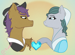 Size: 2596x1926 | Tagged: safe, artist:ponyrasmeii, cloudy quartz, igneous rock pie, earth pony, pony, g4, clothes, dress, hat, marriage, married couple, pairing stone, simple background, younger