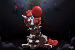 Size: 1280x854 | Tagged: safe, artist:littletigressda, oc, oc only, earth pony, pony, balloon, crossover, it, pennywise, sewer, solo