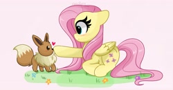 Size: 4096x2131 | Tagged: safe, artist:kittyrosie, fluttershy, eevee, pegasus, pony, g4, blushing, boop, cute, duo, floating heart, heart, lying down, pokémon, prone, shyabetes, smiling