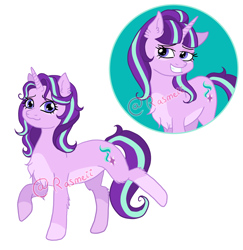 Size: 2206x2267 | Tagged: safe, artist:ponyrasmeii, starlight glimmer, pony, unicorn, g4, before and after, chest fluff, coat markings, facial markings, fake smile, fluffy, high res, looking at you, nextgen:rasmeiiverse, pale belly, raised hoof, redesign, simple background, smiling, socks (coat markings), underbelly, watermark, white background