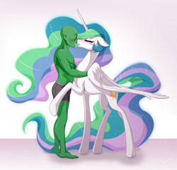 Size: 1868x1804 | Tagged: safe, artist:rabidpepper, part of a set, princess celestia, oc, oc:anon, alicorn, human, pony, blushing, canon x oc, female, human male, human on pony action, interspecies, male, romantic, sharing breath, straight