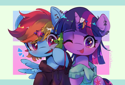 Size: 3071x2099 | Tagged: safe, artist:lexiedraw, rainbow dash, twilight sparkle, pegasus, pony, unicorn, ;p, abstract background, blushing, clothes, cute, cute little fangs, cutie mark accessory, cutie mark hair accessory, dashabetes, ear piercing, eyebrows, eyebrows visible through hair, fangs, featured image, female, hair accessory, hair ornament, high res, hoodie, lesbian, mare, one eye closed, open mouth, open smile, piercing, shipping, smiling, tongue out, twiabetes, twidash