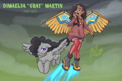 Size: 1772x1181 | Tagged: safe, artist:shacy's pagelings, oc, oc only, oc:dim gray, human, pegasus, pony, dark skin, female, flying, humanized