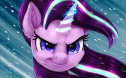 Size: 3390x2100 | Tagged: safe, artist:darksly, starlight glimmer, pony, unicorn, g4, the ending of the end, badass, female, high res, mare, put it on my tab, scene interpretation, smiling, smirk, solo, wallpaper