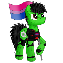 Size: 1280x1280 | Tagged: safe, artist:zocidem, oc, oc only, oc:wrench, cyborg, earth pony, pony, armor, augmented, bisexual pride flag, earth pony oc, male, male oc, pride, pride flag, simple background, solo, stallion, stallion oc, transparent background