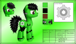 Size: 1280x749 | Tagged: safe, artist:zocidem, oc, oc only, oc:wrench, cyborg, earth pony, pony, augmented, reference sheet