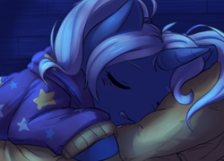 Size: 2572x1851 | Tagged: safe, artist:aquoquoo, trixie, pony, unicorn, alternate hairstyle, babysitter trixie, clothes, cute, diatrixes, drool, eyes closed, female, hoodie, horn, lying down, mare, pigtails, pillow, prone, sleeping, solo