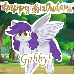 Size: 512x508 | Tagged: safe, artist:i swear on the river styx, oc, oc only, oc:gabriel, bat pony, pegasus, pony, birthday, birthday art, female, forest, text