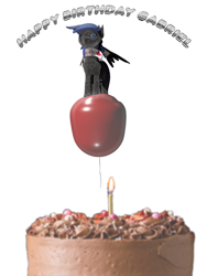 Size: 386x512 | Tagged: safe, artist:bryan t bacon terrorizer, oc, oc only, oc:gabriel, bat pony, pegasus, pony, balloon, cake, canadian scarf, candle, chocolate cake, clothes, female, food, photoshop, red, scarf, simple background, standing on balloon, text, transparent background