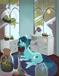 Size: 2000x2561 | Tagged: safe, artist:slowpoke, oc, oc only, oc:moon drop, pony, unicorn, book, high res, mushroom, plants, solo, terrarium, tree