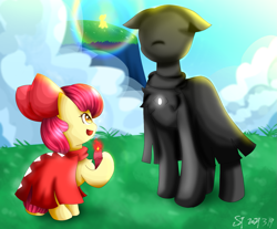 Size: 1463x1210 | Tagged: safe, artist:starflashing twinkle, apple bloom, earth pony, pony, g4, bowknot, candle, candlelight, cape, clothes, cloud, cute, fire, grass, open mouth, sky, sky:children of the light, sunlight