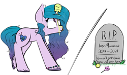 Size: 1101x652 | Tagged: safe, artist:pinkberry, izzy moonbow, pony, unicorn, g5, ball, colored, colored sketch, female, food, gravestone, horn, horn guard, hornball, ice cream, implied death, izzy impaling things, izzy's tennis ball, mare, melted ice cream, messy, messy eating, pistachio (ice cream), rest in peace, simple background, sketch, solo, tennis ball, white background