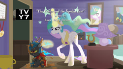 Size: 1920x1080 | Tagged: safe, artist:brutalweather studio, princess celestia, oc, oc:bandit, alicorn, changeling, pony, g4, adopted, adopted offspring, bedroom, cape, celestia is not amused, changeling oc, clothes, fake, fake screencap, faker than a three dollar bill, female, i can't believe it's not hasbro studios, lamp, male, medal, momlestia, mother and child, mother and son, mud, show accurate, trophies, trophy, tv rating, tv-y7, unamused