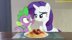 Size: 1136x640 | Tagged: safe, artist:georgegarza01, rarity, spike, dragon, g4, blushing, female, food, lady and the tramp, male, movie reference, pasta, reference, ship:sparity, shipping, show accurate, spaghetti, spaghetti and meatballs, straight, winged spike, wings
