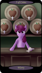 Size: 1500x2591 | Tagged: safe, artist:sixes&sevens, berry punch, berryshine, earth pony, pony, g4, bar, barrel, female, five of coins, looking at you, minor arcana, rag, solo, tarot card, unamused