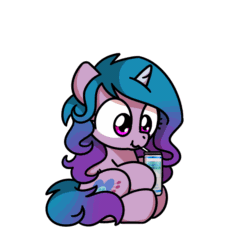 Size: 1000x1000 | Tagged: safe, artist:sugar morning, part of a set, izzy moonbow, pony, unicorn, g5, animated, can, chibi, cute, drinking, female, frame by frame, gif, izzybetes, mare, simple background, sitting, solo, sugar morning's snacc and drincc, transparent background