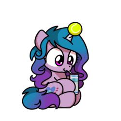 Size: 1000x1000 | Tagged: safe, artist:sugar morning, part of a set, izzy moonbow, pony, unicorn, g5, animated, ball, can, chibi, cute, drinking, female, frame by frame, gif, horn, horn guard, hornball, izzy's tennis ball, izzybetes, mare, simple background, sitting, solo, sugar morning's snacc and drincc, tennis ball, transparent background