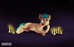 Size: 2000x1264 | Tagged: safe, artist:circumflexs, hitch trailblazer, earth pony, pony, g5, candle, fire, flower, flower in mouth, hoof on face, looking at you, lying, male, melting, mouth hold, romantic, rose, rose in mouth, solo, stallion, unshorn fetlocks