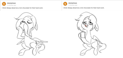Size: 1783x850 | Tagged: safe, artist:glacierclear, oc, oc only, oc:sleepy scribble, pegasus, pony, 2 panel comic, ask, chocolate, comic, curiouscat, drinking, eyes closed, female, floppy ears, food, hoof hold, hot chocolate, lidded eyes, mare, milk moustache, pegasus oc, relaxing, sitting, solo, spread wings, wings