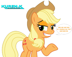 Size: 1948x1553 | Tagged: safe, artist:kuren247, applejack, earth pony, pony, g4, cowboy hat, female, grin, hat, looking at you, mare, pun, simple background, smiling, solo, speech bubble, transparent background