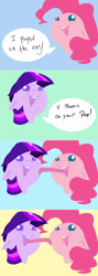 Size: 812x2275 | Tagged: safe, artist:shnider, pinkie pie, twilight sparkle, pony, g4, comic, dialogue, disembodied head, female, floppy ears, implied pooping, licking, mare, tongue out, wat