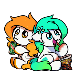 Size: 1000x1000 | Tagged: safe, artist:sugar morning, part of a set, oc, oc only, oc:gumdrop, oc:rising dawn, earth pony, pegasus, pony, g4, animated, cheetos, chibi, commission, cute, daaaaaaaaaaaw, drinking, eating, female, food, frame by frame, gif, mare, mountain dew, ocbetes, simple background, sitting, sugar morning's snacc and drincc, transparent background, ych result