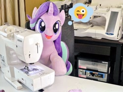 Size: 1024x768 | Tagged: safe, artist:nekokevin, starlight glimmer, pony, unicorn, series:nekokevin's glimmy, g4, chair, emoji, female, irl, looking at you, mare, open mouth, photo, plushie, sewing machine, sitting, smiling, solo