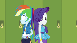 Size: 1280x720 | Tagged: safe, screencap, rainbow dash, rarity, best trends forever, equestria girls, equestria girls series, g4, back to back, best trends forever: rainbow dash, bracelet, clothes, cutie mark, cutie mark on clothes, duo, duo female, female, geode of shielding, geode of super speed, hoodie, jewelry, lockers, magical geodes, rarity peplum dress