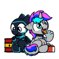 Size: 1000x1000 | Tagged: safe, artist:sugar morning, part of a set, oc, oc only, oc:hornet, oc:spiral light, hybrid, original species, plane pony, pony, g4, animated, chibi, chicken meat, chicken nugget, collar, commission, cute, daaaaaaaaaaaw, drinking, duo, duo male, eating, food, frame by frame, gasoline, gif, jet fuel, male, meat, ocbetes, plane, simple background, sitting, stallion, sugar morning's snacc and drincc, transparent background, ych result