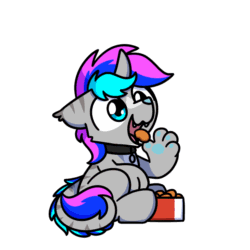 Size: 1000x1000 | Tagged: safe, artist:sugar morning, part of a set, oc, oc only, oc:spiral light, hybrid, original species, pony, g4, animated, chibi, chicken meat, chicken nugget, collar, commission, cute, daaaaaaaaaaaw, eating, food, frame by frame, gif, male, meat, ocbetes, omnivore, simple background, sitting, solo, stallion, sugar morning's snacc and drincc, transparent background, ych result
