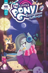 Size: 2063x3131 | Tagged: safe, artist:justasuta, idw, marble pie, cat, earth pony, pony, g4, season 10, spoiler:comic, spoiler:comic99, cover, headphones, high res, listening to music, lofi hip hop radio - beats to relax/study to, moon, mouth hold, night, reading