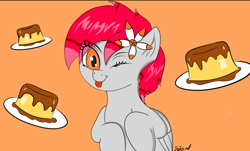 Size: 1052x635 | Tagged: safe, artist:joaothejohn, oc, oc only, oc:tiny jasmini, pegasus, pony, alternate hairstyle, female, flower, flower in hair, food, mare, party, pegasister, pegasus oc, pudding, simple background, solo, tongue out, wings