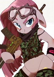 Size: 2480x3508 | Tagged: safe, artist:potetecyu_to, pinkie pie, earth pony, semi-anthro, g4, arm hooves, bandana, camouflage, clothes, goggles, gun, high res, looking at you, pinkamena diane pie, rifle, smiling, socks, solo, stupid sexy pinkie, thigh highs, vest, weapon