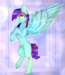 Size: 1641x1893 | Tagged: safe, artist:r-r-rosie, oc, oc only, pegasus, pony, hair over one eye, looking at you, one eye closed, smiling, solo, spread wings, wings, wink