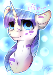 Size: 1045x1472 | Tagged: safe, artist:r-r-rosie, oc, oc only, pony, unicorn, bust, looking at you, smiling, solo