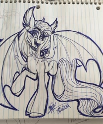Size: 896x1080 | Tagged: safe, artist:moshi.poni, fluttershy, bat pony, pony, g4, bat ponified, bat wings, ear fluff, eyelashes, female, flutterbat, lineart, lined paper, mare, open mouth, race swap, raised hoof, signature, smiling, solo, spread wings, traditional art, wings