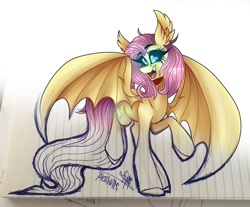 Size: 1080x894 | Tagged: safe, alternate version, artist:moshi.poni, fluttershy, bat pony, pony, g4, bat ponified, bat wings, ear fluff, eyelashes, female, flutterbat, glowing eyes, lineart, lined paper, mare, open mouth, partial color, race swap, raised hoof, signature, smiling, solo, spread wings, traditional art, wings