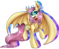 Size: 1053x871 | Tagged: safe, alternate version, artist:moshi.poni, fluttershy, bat pony, pony, g4, bat ponified, bat wings, colored, ear fluff, eyelashes, female, flutterbat, glowing eyes, mare, open mouth, race swap, raised hoof, simple background, smiling, solo, white background, wings
