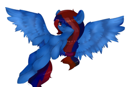 Size: 2200x1500 | Tagged: safe, artist:r-r-rosie, oc, oc only, pegasus, pony, flying, hair over one eye, looking at you, solo, spread wings, wings