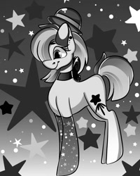 Size: 1080x1350 | Tagged: safe, artist:tessa_key_, oc, oc only, earth pony, pony, choker, clothes, earth pony oc, eyelashes, female, grayscale, hat, mare, monochrome, smiling, socks, solo, stars