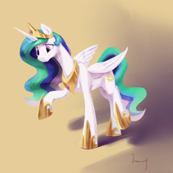 Size: 1024x1024 | Tagged: safe, artist:770418gyygy, princess celestia, alicorn, pony, g4, crown, female, jewelry, looking down, mare, raised hoof, regalia, smiling, solo, standing, style emulation, three quarter view, wings