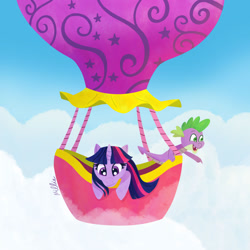 Size: 1280x1280 | Tagged: safe, artist:milliedubois, spike, twilight sparkle, dragon, pony, unicorn, g4, cloud, duo, fangs, female, happy, hot air balloon, male, mare, open mouth, twinkling balloon, unicorn twilight